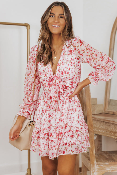 Lantern Sleeve Deep V Neck Knotted Tiered Mini Dress